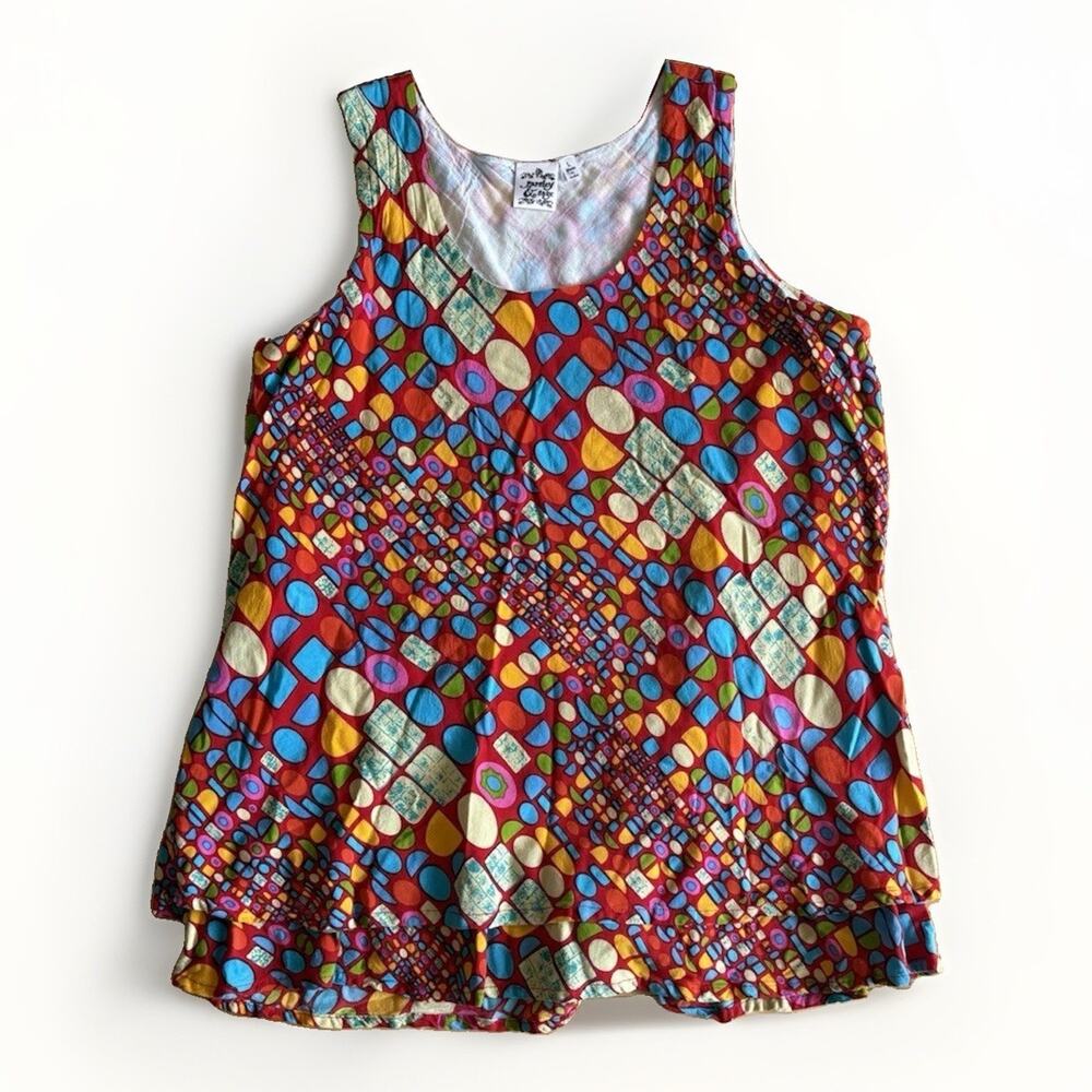 Parsley & Sage Tunic Blouse L Abstract Colorful Hi Lo Sleeveless Boho Arty Fun